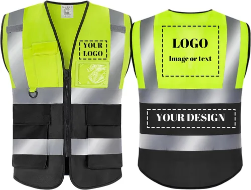 BeautyWill Chaleco de seguridad con logotipo personalizado, Hi Vis Clase 2, chaleco reflectante de construcción unisex con 5 bolsillos