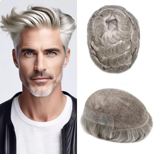 Miniatura 13 de FACE MIRACLE - Tupé frontal de encaje francés para hombres, sistema de reemplazo de cabello humano de encaje con pieza de pelo de poliuretano