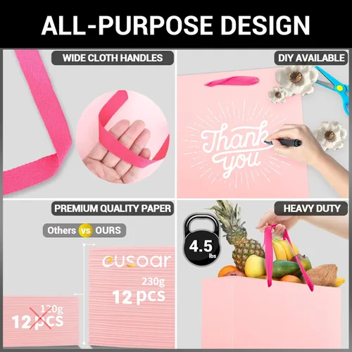 Miniatura 3 de EUSOAR Bolsas pequeñas de color rosa para regalo, paquete de 12 bolsas de compras de 5.9 x 2.3 x 7.8 pulgadas con asas a granel, bolsas de regalo