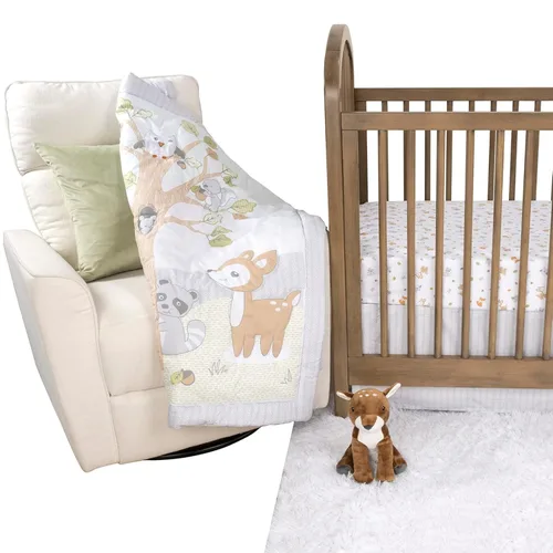 Miniatura 15 de Sammy & Lou Friendly Forest - Juego de ropa de cama para cuna de bebé de 4 piezas, incluye edredón, sábanas bajeras para cuna neutrales, falda
