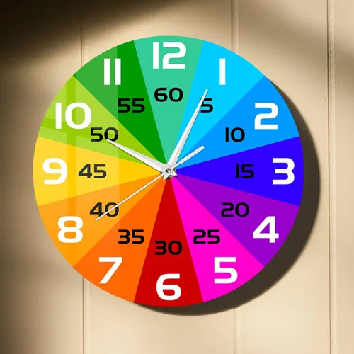 Reloj de aprendizaje con rueda de color arcoíris, reloj de enseñanza de 12 pulgadas para niños, reloj de pared analógico para aula, movimiento