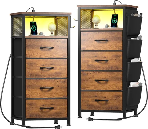Miniatura 10 de EnHomee Juego de 2 mesitas de noche negras con estación de carga y LED, mesita de noche con cajones de tela y estante de almacenamiento, marco