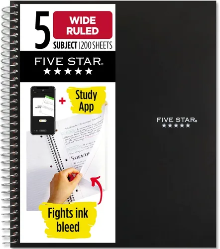 Miniatura 4 de Five Star Cuaderno de espiral + aplicación de estudio, 5 materias, papel a rayas anchas, 8 x 10-1/2 pulgadas, 200 hojas, lucha contra el sangrado