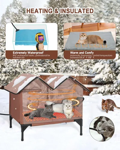 Miniatura 2 de Casa climatizada para gatos en invierno exterior, casa para gatos climatizada extra grande, resistente a la intemperie, cama elevada, puerta