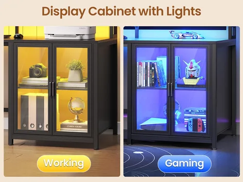 Miniatura 11 de SEDETA Escritorio para juegos en forma de L con 4 cajones, escritorio para computadora de 109 pulgadas con vitrina, escritorios de oficina en casa