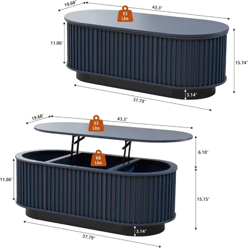 Miniatura 2 de Mesa de Centro Ovalada con Tapa Elevable y Almacenamiento, 43.3" Mesa Central Moderna de Mediados de Siglo con Compartimento Oculto, Mesa de Comedor