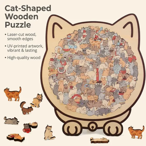 Miniatura 2 de Rompecabezas de madera con forma de gato para adultos, rompecabezas en forma de gato de 135 piezas de color Morandi, lindo para amantes