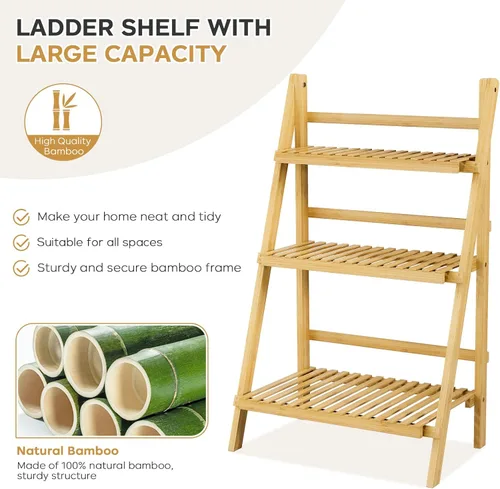Miniatura 5 de OAKVIVO - Estantería de escalera plegable de 39.4", Estantería de bambú de 3 niveles, para macetas, estante de exhibición en forma de escalera