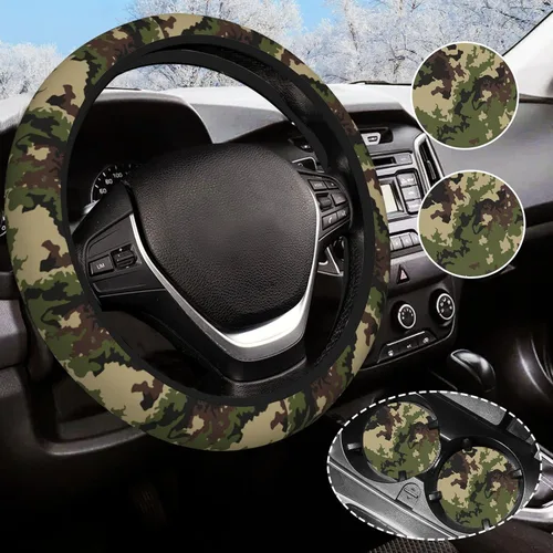 Funda para volante de camuflaje verde para mujeres y hombres con 2 posavasos de automóvil, fundas universales de 14.5 a 15 pulgadas, accesorios