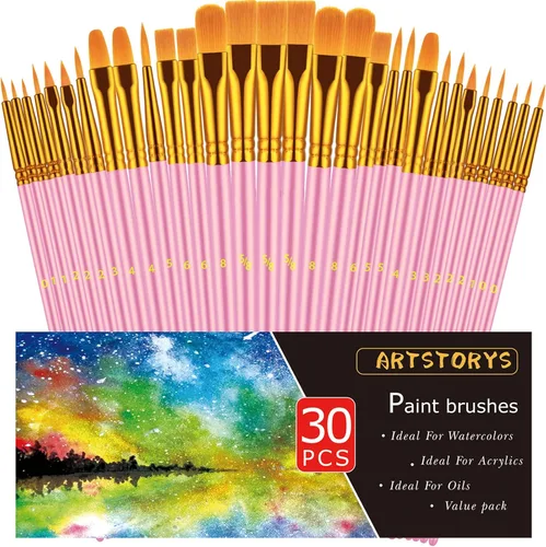 Miniatura 10 de Juego de pinceles de pintura, 30 piezas de pinceles de pintura para pintura acrílica, pincel de pintura al óleo, acuarela y acrílica, pinceles