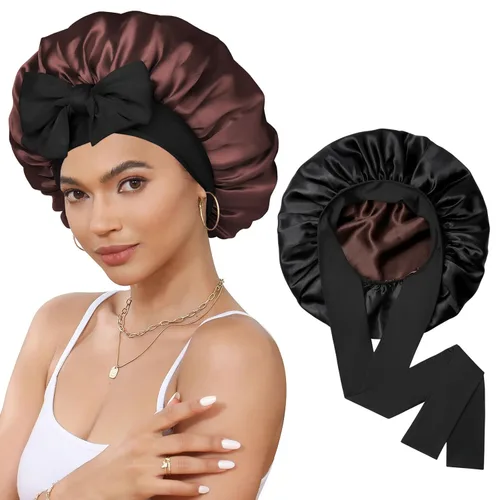 Gorro de satén de seda para dormir, gorro de seda de doble capa con banda elástica para cabello rizado Negro+marrón