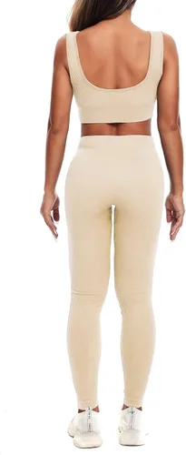 Miniatura 5 de YUMSUN Conjunto de entrenamiento para mujer, 2 piezas, sin costuras, acanalado, camiseta sin mangas, deportes, gimnasio, cintura alta, correr, yoga