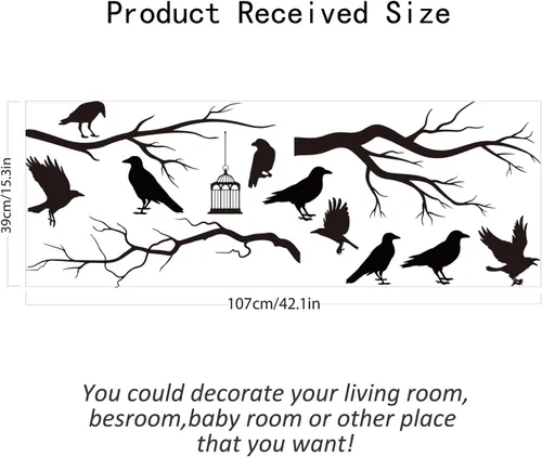 Miniatura 3 de SUPERDANT Adhesivo de pared de cuervo gótico, calcomanías de pared de ramas de árbol, pájaros negros, decoración de arte para familia, hogar, sala