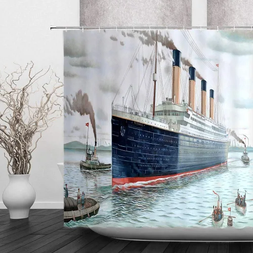 Miniatura 2 de Cortina de ducha de decoración náutica, retro, clásica, barco Titanic, paisaje, acuarela, arte de baño, cortinas de tela de poliéster con gancho