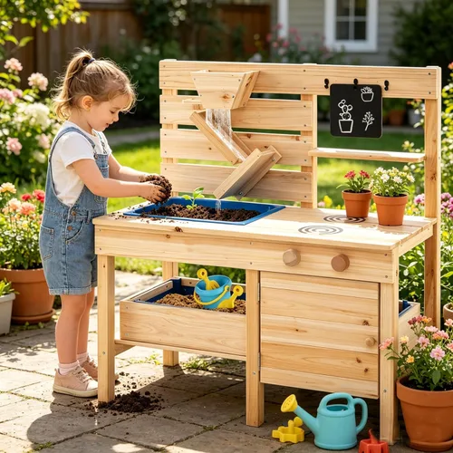 Miniatura 10 de HONEY JOY Cocina de barro, cocina de madera de cedro para niños pequeños, fregadero extraíble, accesorios de cocina, caja de maceta, armario