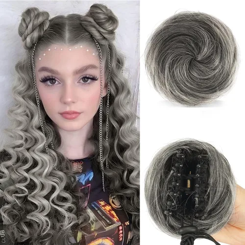 Miniatura 24 de Sofeiyan 2 piezas de extensión de cabello rizado ondulado en forma de moño desordenado, mini moño desordenado con banda elástica, peluca sintética