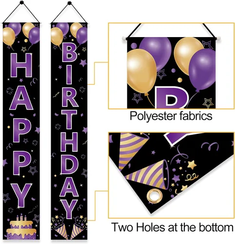 Miniatura 3 de Cartel de feliz cumpleaños de color morado dorado para mujeres y niñas, letrero de feliz cumpleaños morado, suministros de fiesta, 16, 21, 30, 40