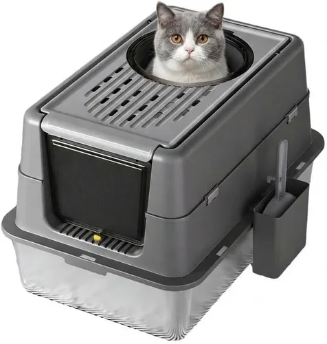 Miniatura 8 de Caja de arena para gatos de acero inoxidable con tapa, caja de arena de metal cubierta cerrada con tapa abatible de 180°, caja para gatos de alta