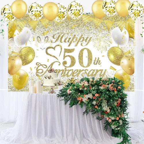 Miniatura 3 de Cartel de decoración del 50º aniversario de boda, pancarta de oro blanco con el texto en inglés "Happy 50th Anniversary" para mujeres y hombres