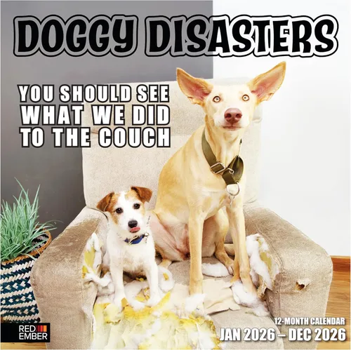 RED EMBER Doggy Disasters 2026 - Calendario de pared de 12 meses, 12 x 24 pulgadas, abierto, papel grueso y resistente, para regalo, calendario 2026