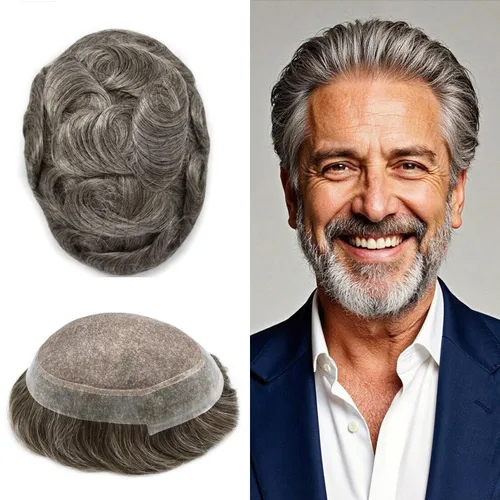 Miniatura 17 de Tupé para hombres, piezas de cabello humano real, sistema de unidades de cabello natural, línea capilar natural, pieza de repuesto para hombres