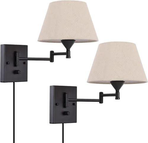 Miniatura 8 de Pauwer Juego de 2 apliques de pared enchufables con brazo oscilante con cable de enchufe y pantalla de tela gris, accesorios de pared para pasillo