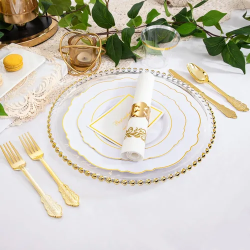 Miniatura 2 de WDF Partyware 350 Piezas de Platos Desechables Dorados para 50 Invitados, Platos de Plástico para Fiesta, Set de Vajilla de 50 Platos de Cena, 50
