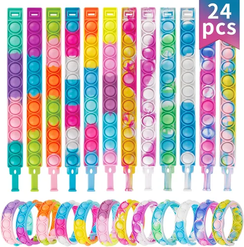 Pulseras de reventar juguetes para la ansiedad, paquete de 24 juguetes a granel para fiestas para niños, pulseras Pop Fidget Toy Fidgets para