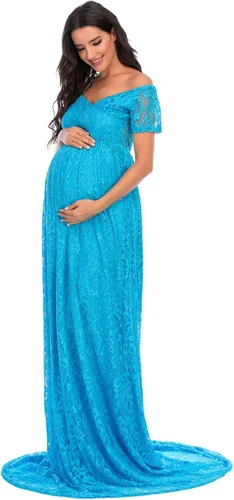 Miniatura 2 de ZIUMUDY Vestido de maternidad floral de encaje con hombros descubiertos para fotografía Maxi manga corta Baby Shower Vestido de dama de honor