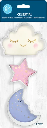 R&M Celestial - Cortador de galletas de acero inoxidable, 3 piezas, incluye nube, estrella y hombre en la luna