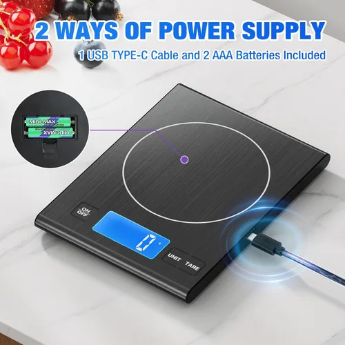Miniatura 2 de Diyife - Báscula de cocina recargable de acero inoxidable 304, báscula digital de alimentos de 33 libras con pantalla LCD, baterías y carga tipo C