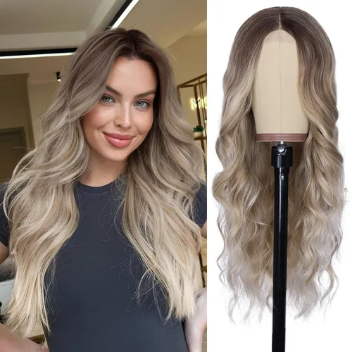 Miniatura 22 de NAYOO Pelucas marrones con flequillo para mujer, pelucas de cabello largo y ondulado, resistentes al calor, pelucas de fibra sintética para uso