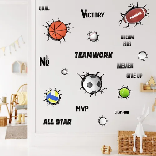 Miniatura 6 de YIMEHDAN Calcomanías de pared de pelotas deportivas 3D, fútbol, voleibol, rugby, baloncesto, tenis, vinilo para pared, diseño deportivo extraíble