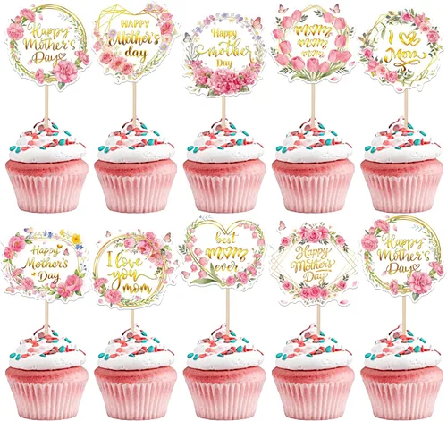 Miniatura 16 de Rsstarxi 1 paquete de decoración para pastel con flores de purpurina con doble corazón Love Mom Best Mom Best Mom Cake Pick Decoraciones para feliz