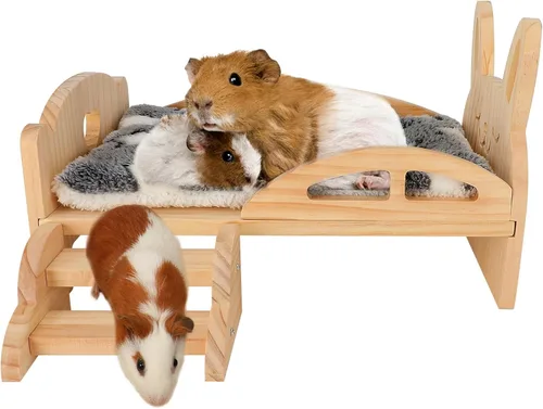 BWOGUE Cama de Madera para Conejo de Indias con Escaleras y Alfombrilla, Cama de Felpa Lavable para Animales Pequeños, Plataforma de Cama para