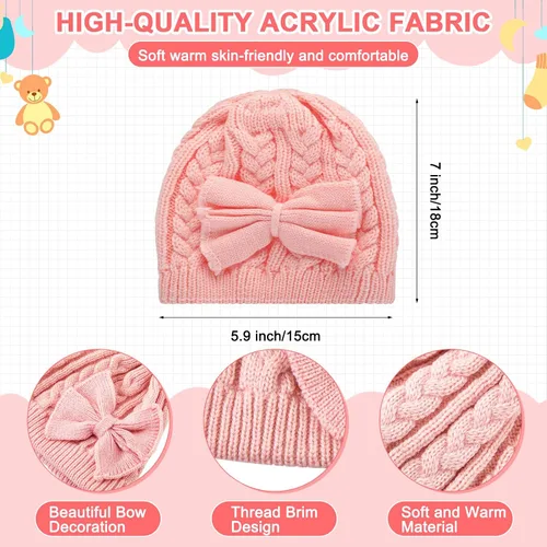 Miniatura 2 de 3 Set Toddler Hat Glove Set Kids Winter Hats Warm Knitted Beanie Mittens Gloves with Bow for Baby Girls and Boys 0-6Y