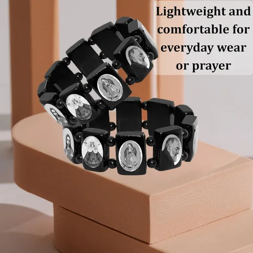 Miniatura 7 de Catholica Shop Pulseras elásticas de madera religiosas católicas devocionales. Paneles pequeños y grandes con imágenes surtidas de santos, Jesús