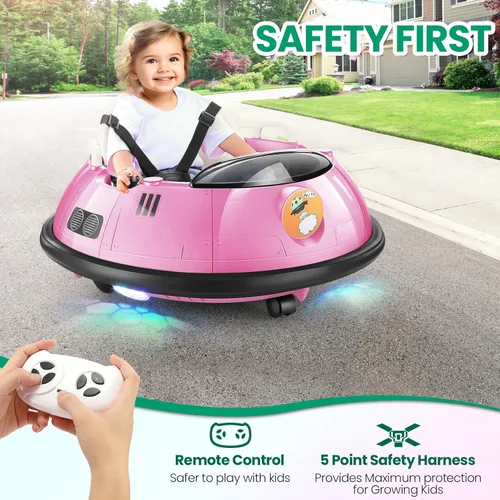 Miniatura 4 de Hikole Auto Chocador para Bebé con Control Remoto para Padres, Autos Chocadores de 12V para Niños Pequeños de 1-3, Cinturón de Seguridad de 5 Rosa