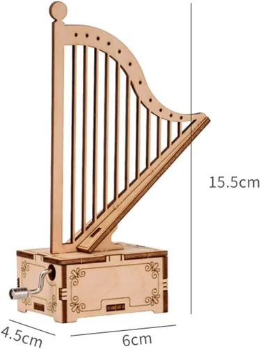 Miniatura 4 de ibasenice Caja de música con forma de arpa hecha a mano para niños, juguete musical de manivela montada de madera portátil, pequeña caja de música