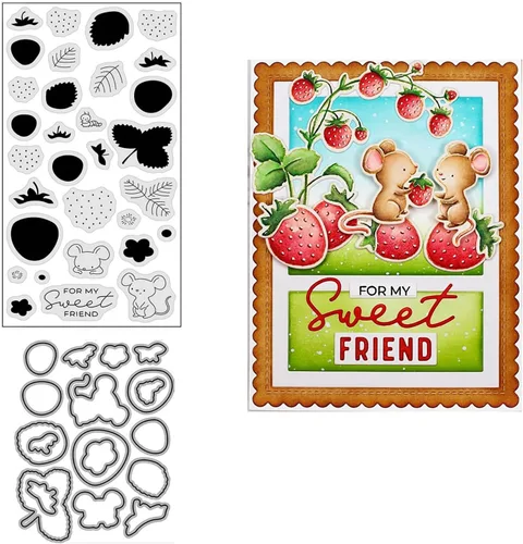 Juego de sellos y troqueles de fresas y ratones para hacer tarjetas, sellos transparentes y troqueles de corte de metal para álbumes de recortes,