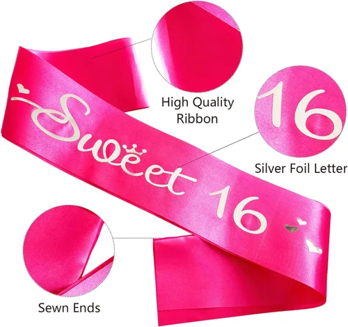 Miniatura 2 de Cinta de satén rosa intenso con letras plateadas, decoraciones de banda de cumpleaños 16, regalos para niñas, suministros de recuerdo de fiesta