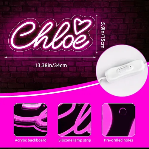 Miniatura 3 de Letrero de neón grande con nombre de Chloe para decoración de pared, luz LED de neón con nombre de Chloe para dormitorio de niños, decoración
