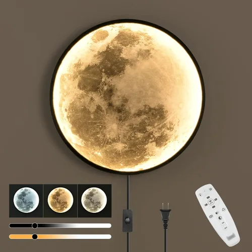 Miniatura 9 de QIYIMEILUX - Lámpara de pared de luna regulable con enchufe moderno LED con control remoto de 9.5 pulgadas y 15 W, lámpara de pared negra para Negro