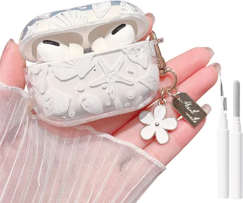 Miniatura 21 de MINSCOSE Compatible con AirPods Pro de 2ª/1ª generación, bonito diseño de patrón de conchas y estrellas de mar con llavero, funda protectora de TPU