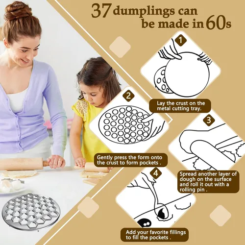Miniatura 4 de Molde de prensa para hacer albóndigas rusas, máquina de ravioles con 37 agujeros de aleación de aluminio, molde de pelmeni manualmente ruso