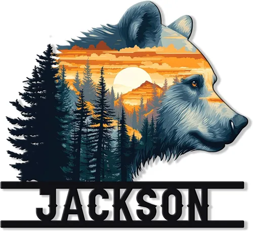 Miniatura 17 de Letrero personalizado de metal con diseño de oso, cartel colgante de oso para porche al aire libre, valla de pared con nombre personalizado, patio