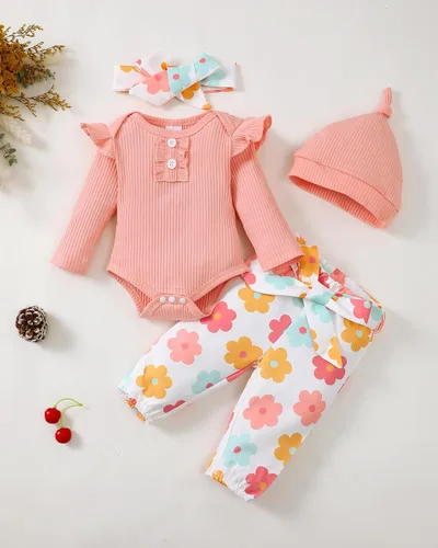 Miniatura 49 de Renotemy Conjunto de ropa para bebé recién nacida, mameluco con volantes, pantalones florales, lindo conjunto de ropa para bebé niña