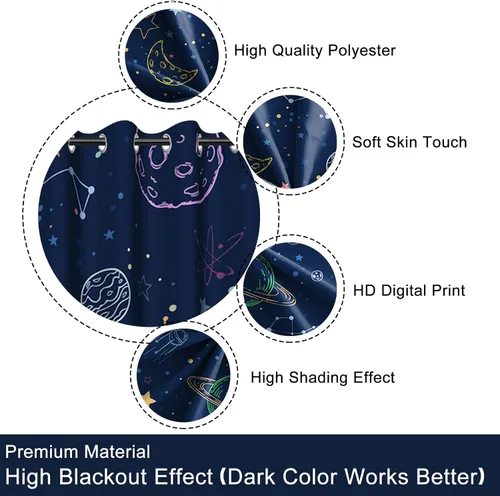 Miniatura 5 de Cortina opaca con diseño de dibujos animados para niños, diseño de luna, estrellas, planetas, cortinas de oscurecimiento con ojales inoxidables Azul