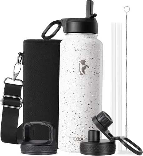 Miniatura 100 de Coolflask Botella de agua de 20 onzas aislada con pajilla, 3 tapas de metal de acero inoxidable, botella de agua de boca ancha para deportes u
