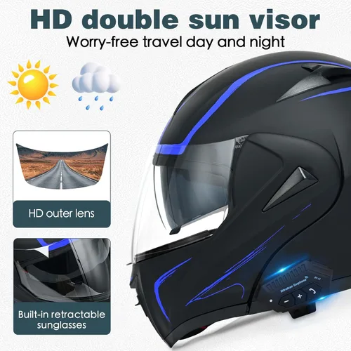 Miniatura 3 de Casco modular Bluetooth para motocicleta, aprobado por DOT, doble visera, abatible, de cara completa, con Bluetooth, casco de motocicleta integrado